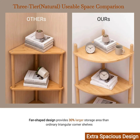 Comparison of three-tier natural bamboo corner shelves, showing space-saving design with a 30% larger storage area.