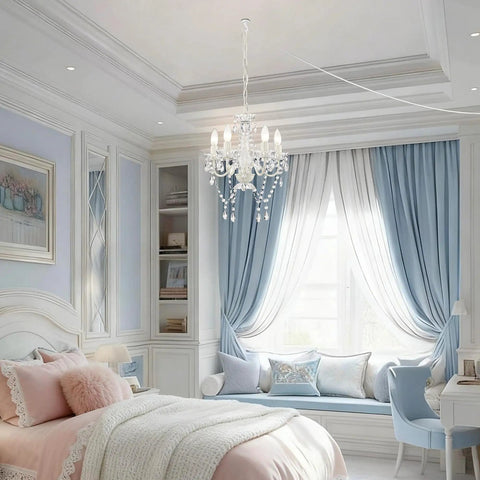 Plug In Four Light White Acrylic Crystal Chandelier With 20 Ft Cord No Hardwire Dope Modern Ceiling Pendant in elegant bedroom