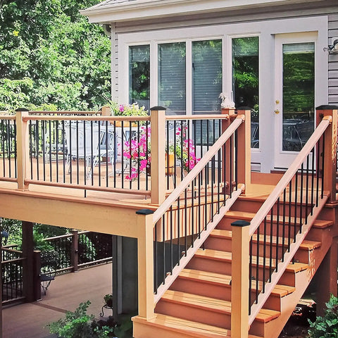 Black 3.5 By 3.5 Inch Post Caps For Wood Fence And Deck Posts 12 Pack With 24 Screws installed on wooden deck railing