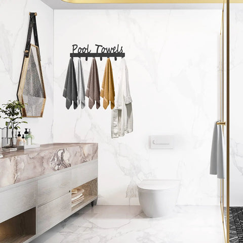 Matte Black 8 Hook Wall Mount Towel Rack For Robes Towels Coats Swimsuits Umbrellas Bags Keys Indoor Outdoor Carbon Steel Heavy Duty Organizer Easy Install mounted in bathroom.