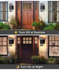 Outdoor Dusk To Dawn Light With Built In GFCI Outlet, daytime off and nighttime on, black porch light on house exterior