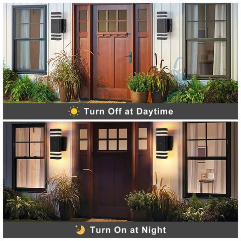 Outdoor Dusk To Dawn Light With Built In GFCI Outlet, daytime off and nighttime on, black porch light on house exterior