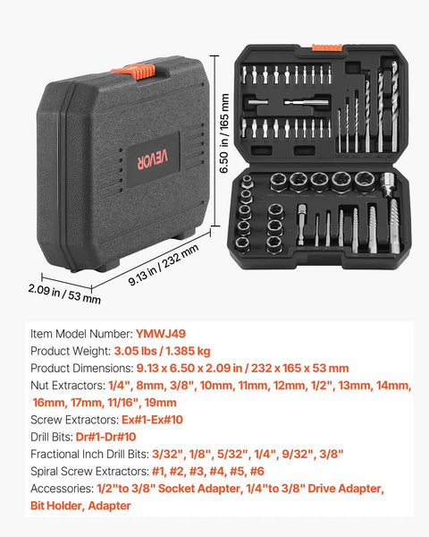 Open 49 Piece All In One Bolt And Screw Extractor Kit With Drill Bits Easy Out Set in black case with labeled components
