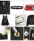 Collage showcasing leather items and tools from the 14-Piece Rivet Setter Kit For Leather Work Pro-Grade Stainless Steel Snap Rivet Tools With Non-Slip Base Die Punch Leather Craft Kit For Bags Belts Wallets And DIY Projects.