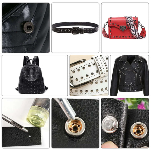 Collage showcasing leather items and tools from the 14-Piece Rivet Setter Kit For Leather Work Pro-Grade Stainless Steel Snap Rivet Tools With Non-Slip Base Die Punch Leather Craft Kit For Bags Belts Wallets And DIY Projects.