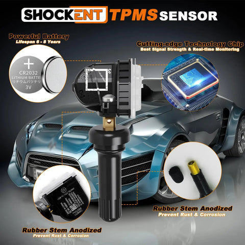 Kick Back To Smoother Rides With This 315Mhz Tpms Sensor showcasing battery, chip, and rubber stem for Chevy models.