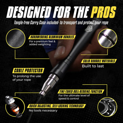 Close-up of Pro Speed Jump Rope with hardwearing aluminum handles and cable protector for Crossfit, boxing, and MMA WODs.