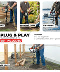 Collage showing Powerful 1500W Electric Post Hole Digger Earth Auger with reverse for fence posts, tree planting, and garden prep.