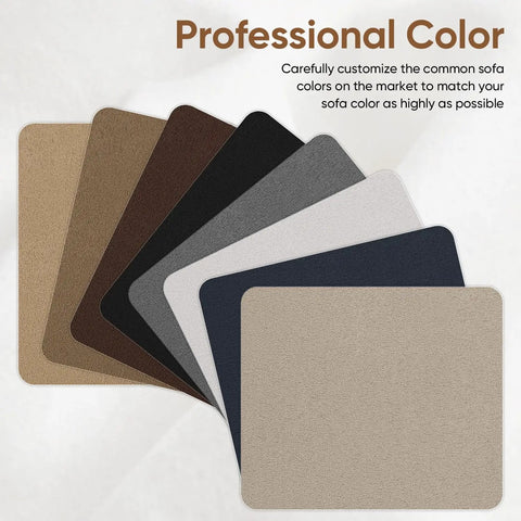 Seven fabric patches in various colors for the Self Adhesive Couch Patch Repair Fabric Kit With Six Patches For Sofa And Chair Upholstery.