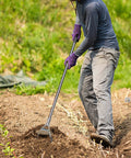 Person using Garden Hoe With Three Height Adjustable Long Handle 55.9 Inch Stainless Steel Heavy Duty Scuffle Hoe for weeding garden