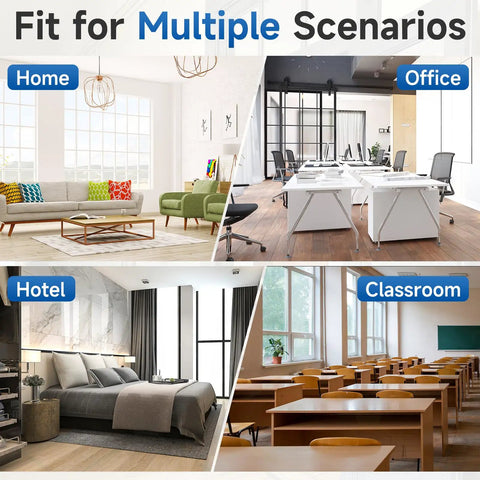 Image showcasing Fit for Multiple Scenarios: Home, Office, Hotel, Classroom with various interior designs.