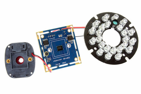 Interior components of 1.0 Megapixel 720p USB Camera With IR Cut And IR LED For Day Night Surveillance, disassembled to show circuit board and lens