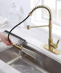 Brushed Gold Kitchen Faucet With Dual Function Pull Out And Pull Down Sprayer, Solid Single Handle With Deck Plate, No-Fuss Installation