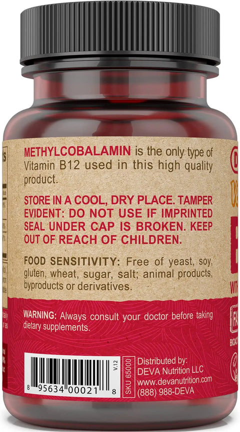 High Potency Vegan B12 Tablets With Folic Acid and B6 For Steady Energy And Brain Boost Fast Dissolving Tabs label showing ingredients and usage instructions.
