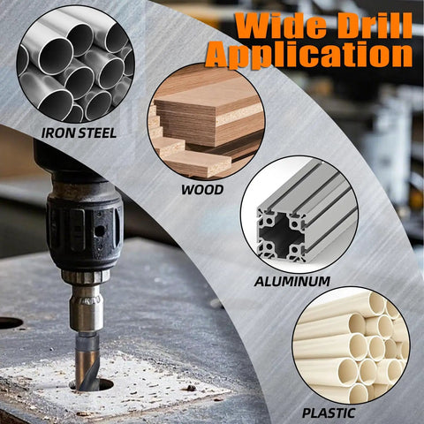 Reduced Shank Drill Bits Set, 8 Pc Deming Large HSS Cobalt M2 Bits In Aluminum Index Case shown drilling various materials