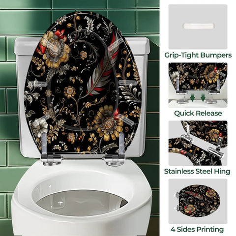 Elongated Toilet Seat Resin for Bathroom, floral design, fits standard toilets, includes easy installation features.