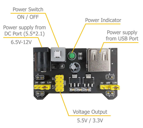 Dual 3.3V And 5V Power Supply Module For MB102 Breadboard Kit with USB and 5.5x2.1mm Plug, showing power switch and indicator