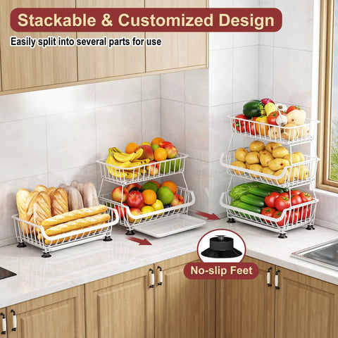 3-Tier Rolling Pantry Cart With Wheels For Kitchen Organization And Storage, holding fruits, bread, and vegetables on counter