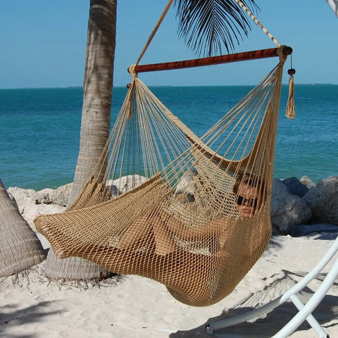 Ultra Comfy 48 Inch Polyester Hammock Chair With Built In Footrest, Spacious Ergonomic Swing Seat, Weather Resistant Outdoor Hanging Chair In Tan