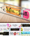 Custom Desk Name Plate For Teachers Acrylic Block Personalize Your Name Title Date Logo Office Desk Sign Gift 8 By 2 And A Half Inch Clear Acrylic Plaque For Classroom And Office with colorful name designs.