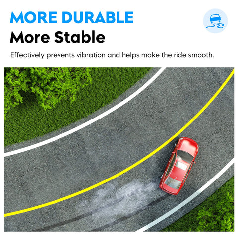 Red car on curved road demonstrating stability, emphasizing durable and vibration-preventing features of front upper control arm kit.
