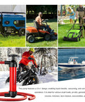Collage featuring uses of Grab-And-Go 3-In-1 Siphon Fluid Transfer Pump For Gas, Oil And Liquids, with air hose and inflator kit