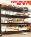 Heavy Duty Rolling Wire Shelving Unit With Wheels For Garage Storage Adjustable Metal Rack 2640 Lb Capacity Rock Solid Frame Locking Casters Easy Peasy Setup Four Tier 60 Inches Wide with kitchen items organized.