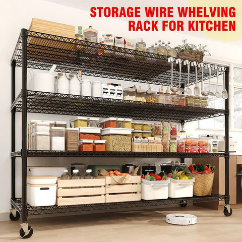 Heavy Duty Rolling Wire Shelving Unit With Wheels For Garage Storage Adjustable Metal Rack 2640 Lb Capacity Rock Solid Frame Locking Casters Easy Peasy Setup Four Tier 60 Inches Wide with kitchen items organized.