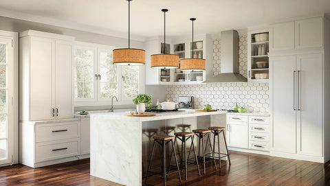Hoffman 4 Light Matte Black Pendant With Faux Wood Veneer Drum Shade Durable Steel Construction Perfect For Rustic Farmhouse Cabin Lodge Vibe And Transitional Living Spaces in a modern kitchen setting.