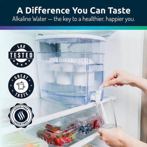 Go To Alkaline Countertop Water Filter Dispenser With 53 Cup Capacity Mineralized Water Up To PH 9 BPA Free White Finish in fridge