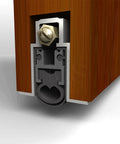 Close-up of Heavy Duty Under Door Seal with Double Neoprene Bulb Seal Keeps Drafts Out 1 Inch Drop inside wooden door, aluminum casing.