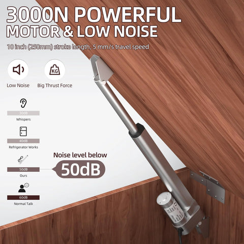 12V linear actuator with controller, 10-inch stroke, silver metal cylinder mounted on wood panel