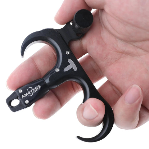 Close-up of hand holding Ultimate Game Changing Archery Bow Release For Compound Bows, Durable Aluminum Caliper Thumb Release, Black