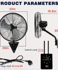 Product parameters showing dimensions for Heavy Duty 20 Inch Wall Mount Fans Set 2 Pack High Velocity Oscillating Fans With 6600 CFM 3 Speed Controls Adjustable Tilt