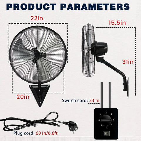 Product parameters showing dimensions for Heavy Duty 20 Inch Wall Mount Fans Set 2 Pack High Velocity Oscillating Fans With 6600 CFM 3 Speed Controls Adjustable Tilt