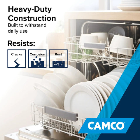 Dishwasher interior with Heavy-Duty Construction, emphasizes crack, corrosion, rust resistance with CAMCO logo overlay.