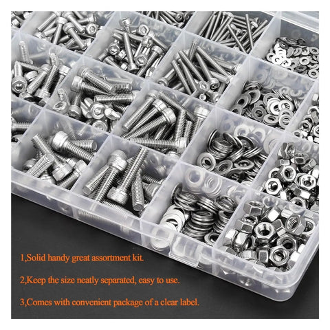 Massive 1280Pcs Stainless Steel Hex Socket Cap Screws Set With M2 M3 M4 M5 Bolts Nuts And Washers In Classified Storage Box Anti Rust Corrosion Resistant Fasteners For Home Garage Auto DIY Projects, assorted stainless fasteners in compartments