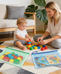 Child playing with blocks on a rug with two 24 Pack Mesh Zipper Pouches For Organization A4 Size Document Bags nearby.