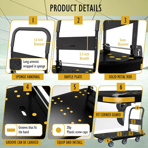 Product details of Heavy Duty Foldable Platform Cart With Six Wheels And 2000 Pound Capacity 360 Degree Swivel And Fixed Casters.