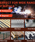Image showcasing various metals compatible with Portable 110V MMA Stick Welder With IGBT Inverter, Hot Start, Arc Force, Anti-Stick, Lightweight 250A Welding Machine For Home Projects, Includes 20 Electrodes, including cast iron, mild steel, sheet metal, metal cage, square pipe, and stainless steel.