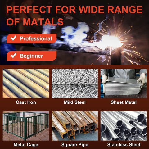 Image showcasing various metals compatible with Portable 110V MMA Stick Welder With IGBT Inverter, Hot Start, Arc Force, Anti-Stick, Lightweight 250A Welding Machine For Home Projects, Includes 20 Electrodes, including cast iron, mild steel, sheet metal, metal cage, square pipe, and stainless steel.