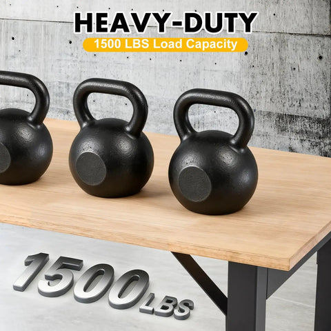 Adjustable Workbench With Power Outlet And ETL Certified USB Ports, heavy duty table holding kettlebells, 1500 lbs capacity, hardwood top.