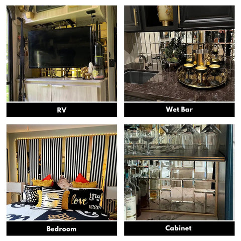 Peel And Stick Beveled Gold Mirror Tiles Subway Mosaic Backsplash Kit 3x12 In Glass for kitchens and bathrooms in various settings.