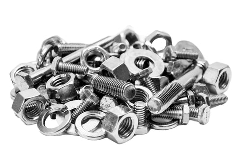 Close-up of metal bolts, nuts, and washers from the 4650 Piece Bolt Nut Washer Kit With Grade 8 USS SAE And 8.8 Metric Fasteners Coarse And Fine Threads Nylon Locknuts 4 Drawer Cabinet For Easy Garage Or Shop Organization