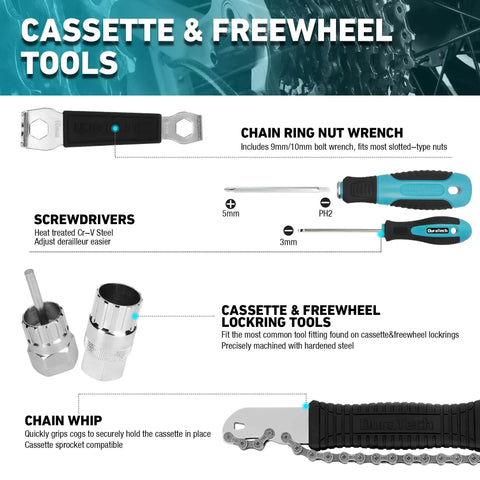 All In One Bike Repair Kit With Storage Box 41 Piece Tools Set For Mountain Road And Park Bicycles Including Chain Riveter Tire Levers Crank Puller And More showcasing cassette and freewheel tools, screwdrivers, and chainring nut wrench.