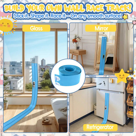 15 Foot Cobalt Blue Flexible Race Car Track With Two Lanes Includes Suction Cups Built For Epic Mini Races And Stunts Compatible With Diecast 1 50th Cars Like Hot Wheels And Matchbox Endless Layouts For Jumping Merging And Marathon Play displayed on glass, mirror, and refrigerator surfaces.