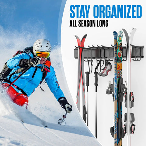 Kick Clutter To The Curb With This Heavy Duty Steel Ski Rack Wall Mount Organizer That Securely Holds Five Pair Of Boards And Keeps Your Gnarly Winter Gear Smooth Garage Ready For The Powder, showing skis and poles organized.
