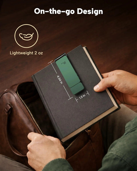 Rechargeable Clip On LED Reading Light With 3 Color Temperatures Smooth Stepless Dimming Memory Function Ultra Lightweight Bookmark Design shown clipped on a book for bedside use.