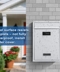 Outdoor Wall Mount Mailbox With 3 Digit Combination Lock, Weatherproof Drop Box For Mail, White with water droplets on wall