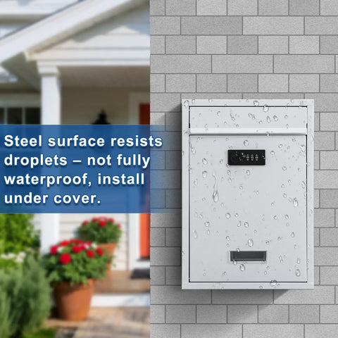 Outdoor Wall Mount Mailbox With 3 Digit Combination Lock, Weatherproof Drop Box For Mail, White with water droplets on wall